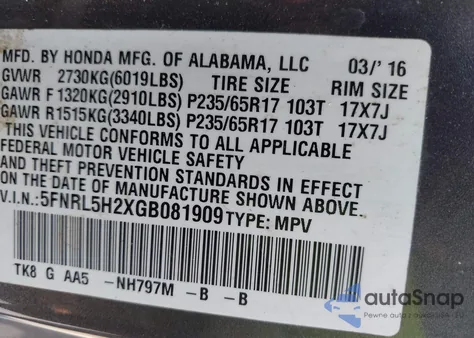 2016 Honda Odyssey Lx z USA, uszkodzony, nr VIN 5FNRL5H2XGB081909